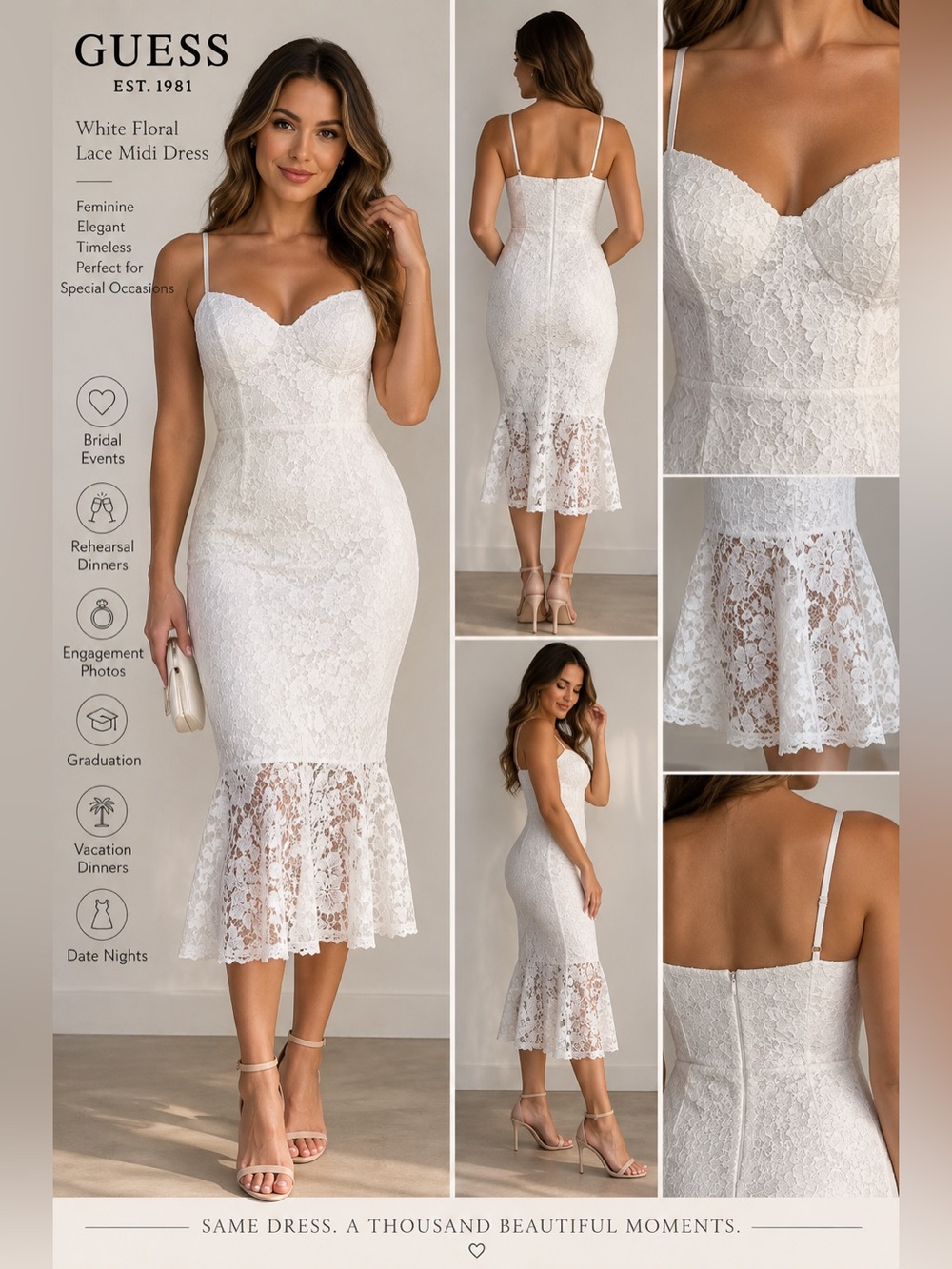 GUESS White Floral Lace Bodycon Midi Dress Size 12 Bridal Occasion